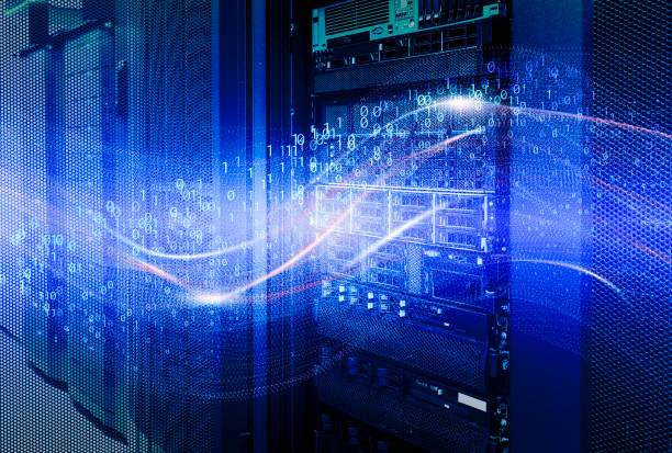 Information technology and big data concept. Futuristic Particles Wave Abstract Background - Creative Design Element on disks drive in enclosure in storage system in data center.