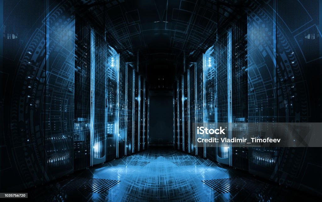 technological background on servers in data center, futuristic design. Server room represented by several server racks with strong dramatic light. Server room represented by several server racks with strong dramatic light. Data Center Stock Photo