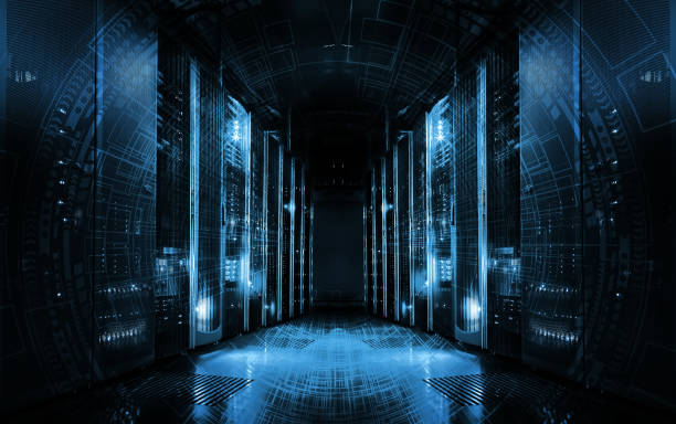 technological background on servers in data center, futuristic design. Server room represented by several server racks with strong dramatic light. stock photo