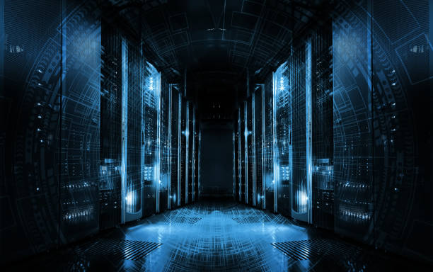 technological background on servers in data center, futuristic design. Server room represented by several server racks with strong dramatic light. Server room represented by several server racks with strong dramatic light. data center stock pictures, royalty-free photos & images