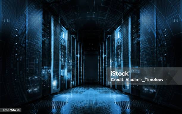 Technological Background On Servers In Data Center Futuristic Design Server Room Represented By Several Server Racks With Strong Dramatic Light Stock Photo - Download Image Now