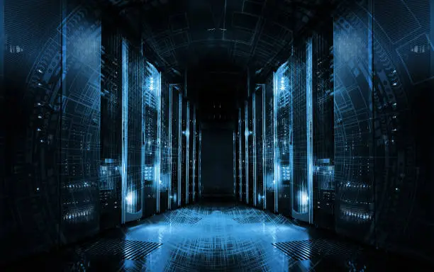 Photo of technological background on servers in data center, futuristic design. Server room represented by several server racks with strong dramatic light.