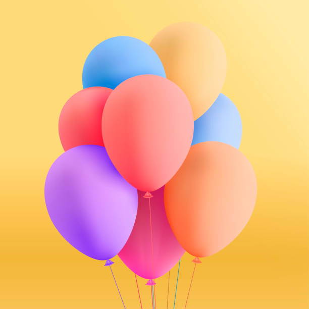istock Set of colorful realistic mat helium balloons floating on yellow background. Vector 3D balloons for birthday, party, wedding or promotion banners or posters. Vivid illustration in pastel colors. 1035761960