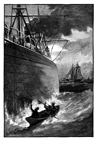 Boarding a steamship during storm - Scanned 1882 Engraving
