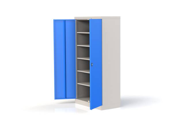 istock Metal cabinet with shelves for tools. Fireproof shelving for documents. A convenient place for storing documents, tools and spare parts. Metal furniture. 3D model rendering. 1035772102