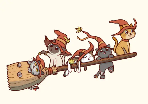 Vector illustration of Witch cats flying on a broomstick – vector cartoon