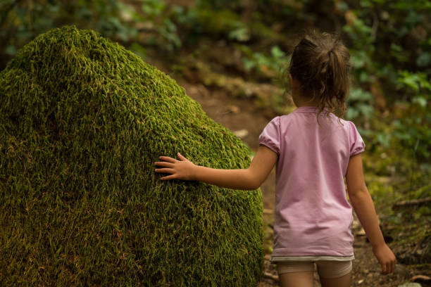 Girl touching moss in a lush forest