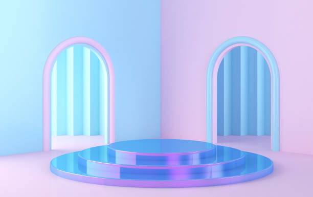 istock Scene with geometrical forms, round platform, minimal background, paper in the form, 3D rendering 1035783246