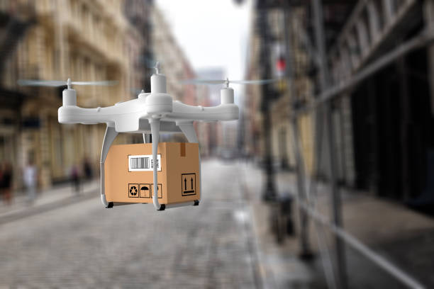 istock Delivery drone flying in New york city 1035793878