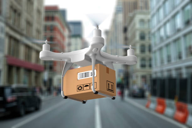 istock Delivery drone flying in New york city 1035793922