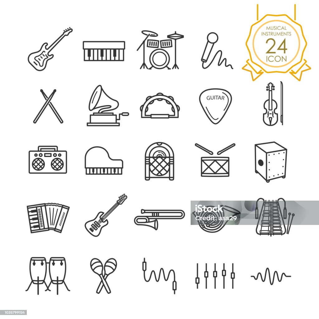 Satz von Musikinstrumenten Liniensymbol auf weißem Hintergrund, Vektor-illustration - Lizenzfrei Icon Vektorgrafik