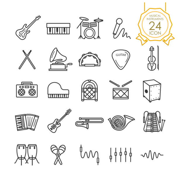 satz von musikinstrumenten liniensymbol auf weißem hintergrund, vektor-illustration - jukebox icon stock-grafiken, -clipart, -cartoons und -symbole
