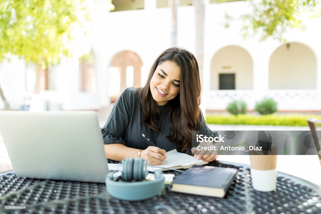 Woman Preparing Schedule While Looking At Laptop In Garden Self-employed mid adult woman preparing schedule while looking at laptop on table in garden On The Move Stock Photo