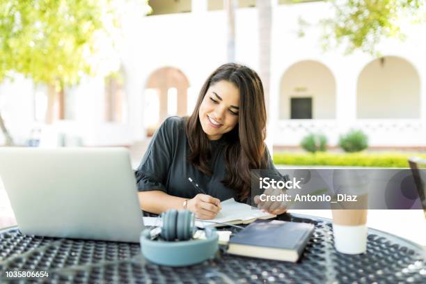 Woman Preparing Schedule While Looking At Laptop In Garden Stock Photo - Download Image Now
