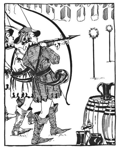 Robin Hood and His Merry Men Robin Hood competing in an archery competition in Robin Hood and His Merry Men from a children's bedtime story book. Antique etching from the late 19th century. sherwood forest illustrations stock illustrations