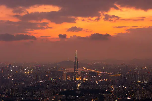 Seoul City SkyLine at Sunset and Hanriver in Seoul South Korea.