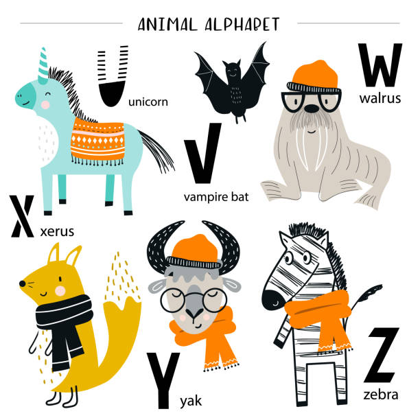 Cute vector zoo alphabet poster with cartoon animals. Set of kids abc elements in scandinavian style Cute vector zoo alphabet poster with cartoon animals. Set of kids abc elements in scandinavian style. african ground squirrel stock illustrations
