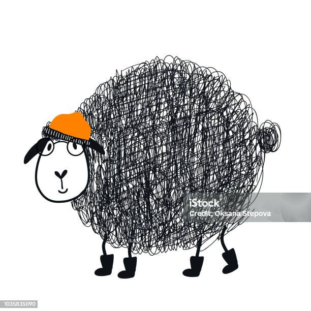 Cute Hand Drawn Nursery Poster With Cool Cartoon Sheep Animal Character With Glasses And A Cap Stock Illustration - Download Image Now