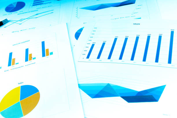 Many charts and graphs reflect the company's concept of data collection and statistical performance in the past year. stock photo