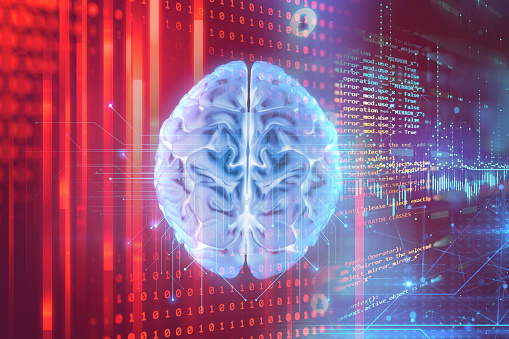 3d Rendering Of Human Brain On Programming Language Background Stock ...
