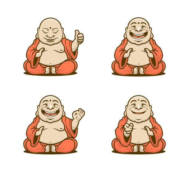 Buddhist monk cartoon characters vector set Vector set of cartoon Buddhist monks characters in traditional robes with various emotions and gestures lama religious occupation stock illustrations