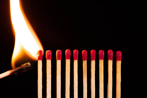 Lit match next to a row of unlit matches. The Passion of One Ignites New Ideas, Change in Others. Lit match next to a row of unlit matches. The Passion of One Ignites New Ideas, Change in Others. lit match stock pictures, royalty-free photos & images
