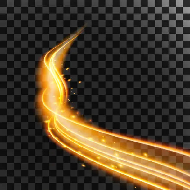 Vector illustration of Magic gold glitter wave glowing fire lines and sparkles isolated on transparent background. Vector illustration