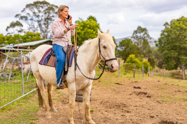 istock Middle Aged Woman Using a Mobile Phone While Riding a Horse 1035905892