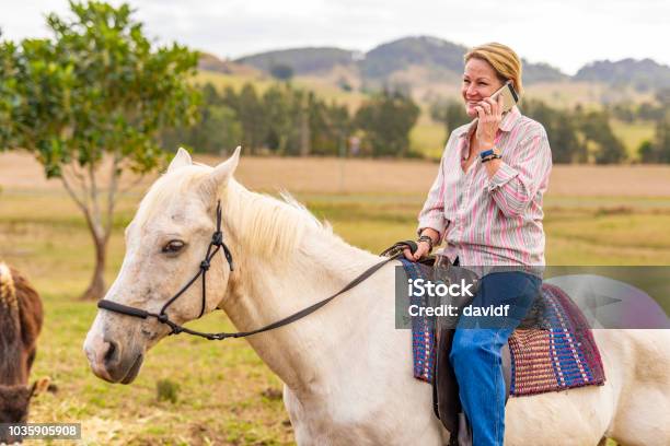 Benutzung Eines Mobiltelefons Während Der Fahrt Ein Pferd Woman Applying Stockfoto und mehr Bilder von Australien