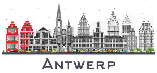 ilustrações de stock, clip art, desenhos animados e ícones de antwerp belgium city skyline with gray buildings isolated on white. - antuerpia