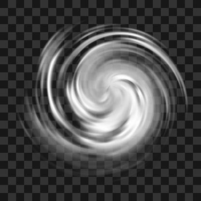 Hurricane symbol, tornado, typhoon, white swirl clouds, twister on dark transparent background, top view. Danger cyclone vector illustration, icon, logo, web infographic