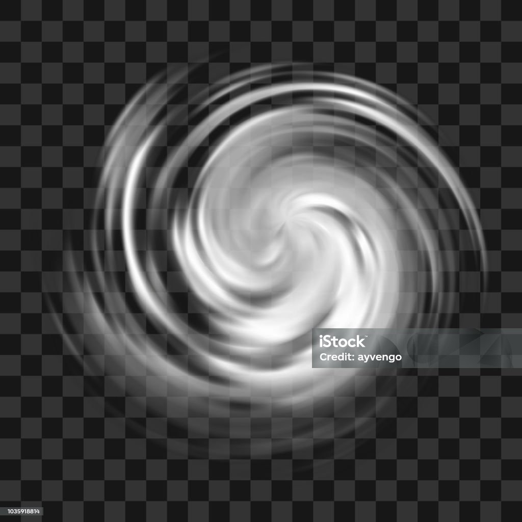 Hurricane symbol on dark transparent background Hurricane symbol, tornado, typhoon, white swirl clouds, twister on dark transparent background, top view. Danger cyclone vector illustration, icon, logo, web infographic Hurricane - Storm stock vector