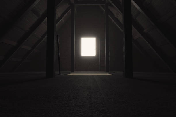 istock 3d rendering of darken empty attic with light at window 1035930578