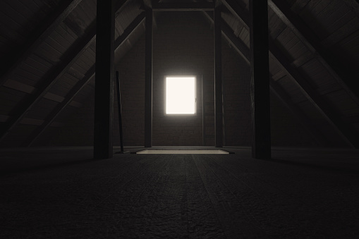 3d rendering of darken empty attic with light at window