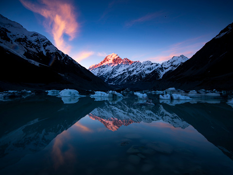 Mount Cook is reflected in Hooker Lake, South Island, New Zealand