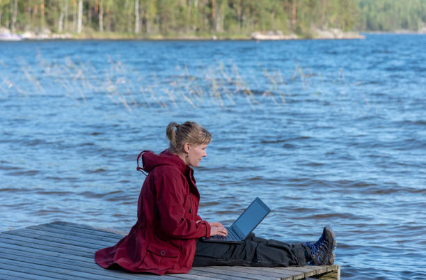 istock Woman using laptop outdoor on the beach 1035944918