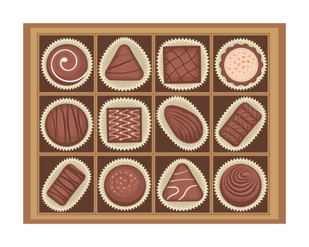 ilustraciones, imágenes clip art, dibujos animados e iconos de stock de ilustración de vector de dulces chocolates en una caja. - chocolate candy chocolate box candy