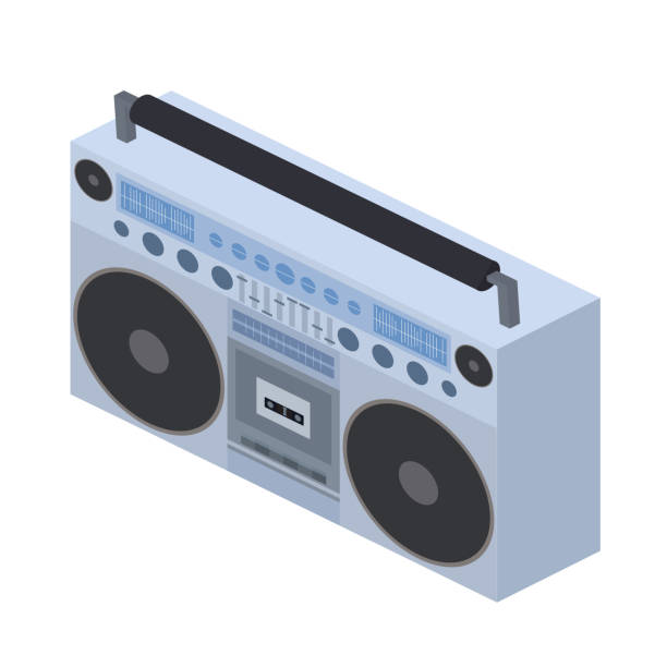 Vector isometric flat illustration Boombox. Cassette recorder. Vector isometric flat illustration Boombox. Cassette recorder. Vector element for your creativity cd player stock illustrations