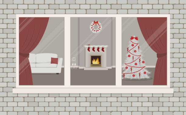 illustrazioni stock, clip art, cartoni animati e icone di tendenza di vista della stanza dal lato della strada. soggiorno, decorato con decorazione natalizia - christmas home