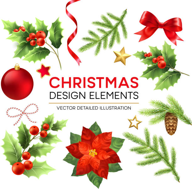 ilustrações, clipart, desenhos animados e ícones de conjunto de elementos de design de natal - mistletoe christmas christmas decoration christmas ornament