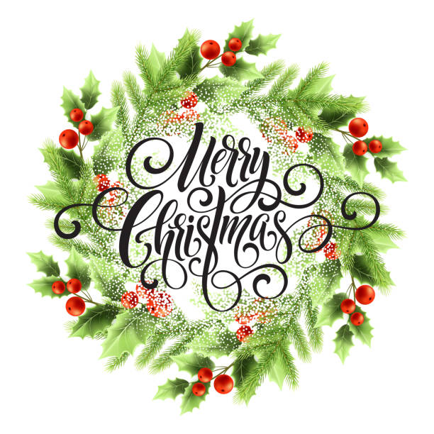 Merry Christmas lettering in mistletoe wreath Merry Christmas lettering in mistletoe wreath. Christmas round frame with snow. Xmas mistletoe berries and fir branches wreath. Postcard and poster winter design. Isolated vector illustration holly berry border clip art stock illustrations