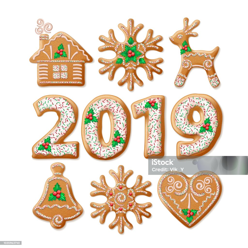 Christmas gingerbread realistic illustrations set Christmas gingerbread realistic illustrations set. 2019 New Year homemade biscuits collection. Xmas cookies decoration design elements. Christmas gingerbread with winter patterns. Isolated vector Gingerbread Cake stock vector