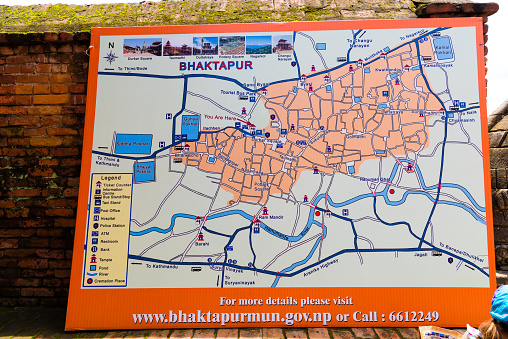 Bhaktapur, Nepal - July 16, 2018 : Map of Bhatktapur city, famous for the best-preserved palace courtyards and old city center in Nepal, is also a UNESCO World Heritage Site