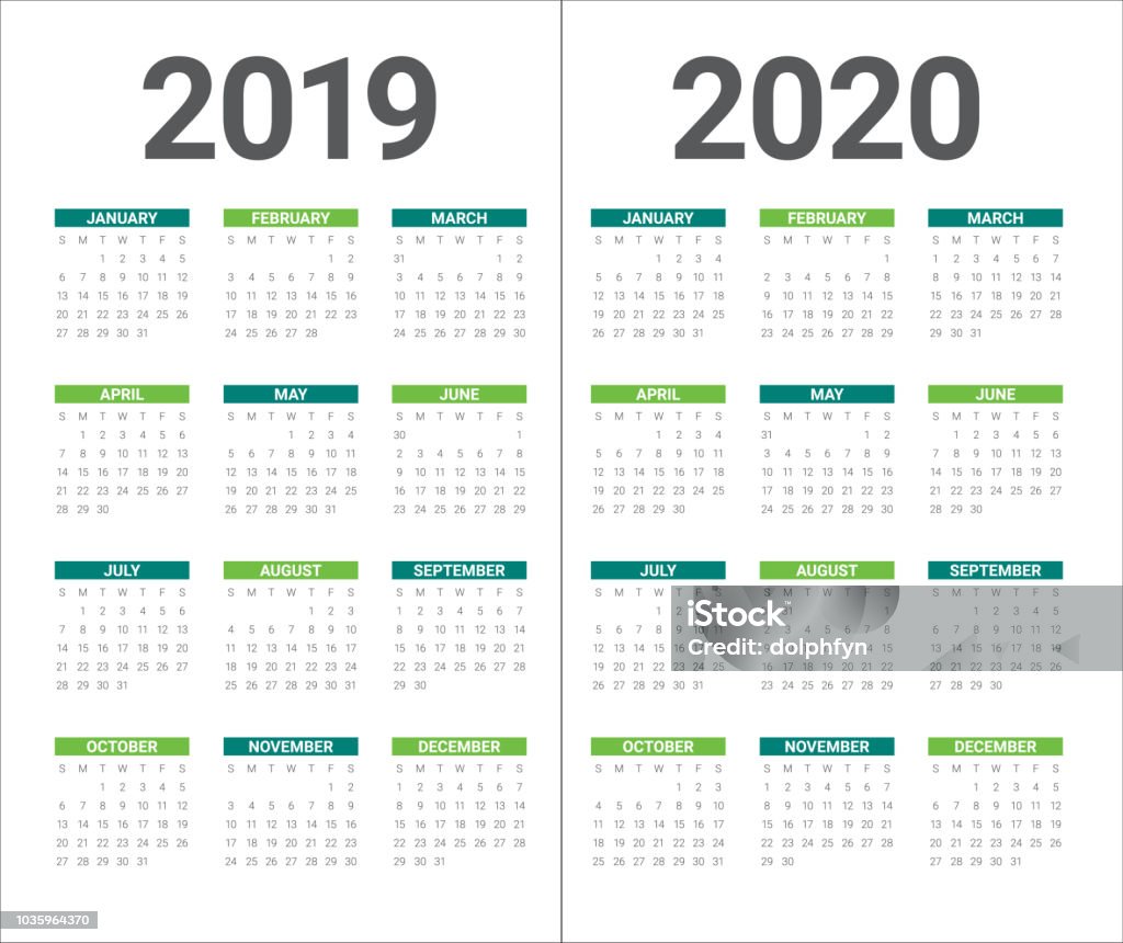 Year 2019 2020 calendar vector design template Year 2019 2020 calendar vector design template, simple and clean design Calendar stock vector
