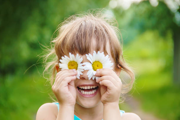 a menina está segurando flores de camomila nas mãos dela. foco seletivo. - chamomile daisy sky flower - fotografias e filmes do acervo