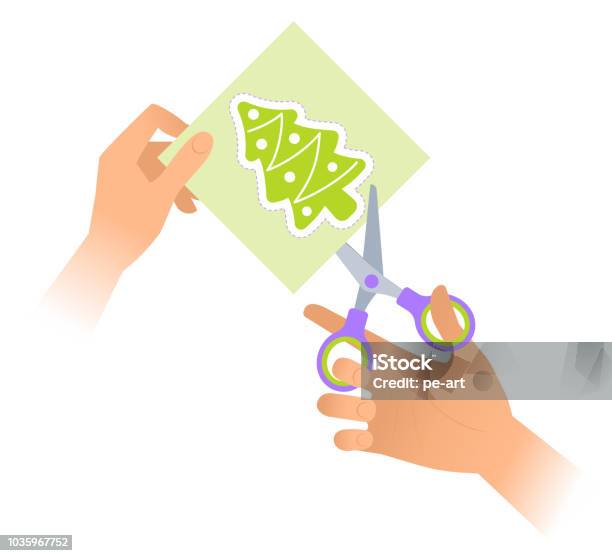 Hand With A Pair Of Scissors Cuts Out A Christmas Tree Stock Illustration - Download Image Now