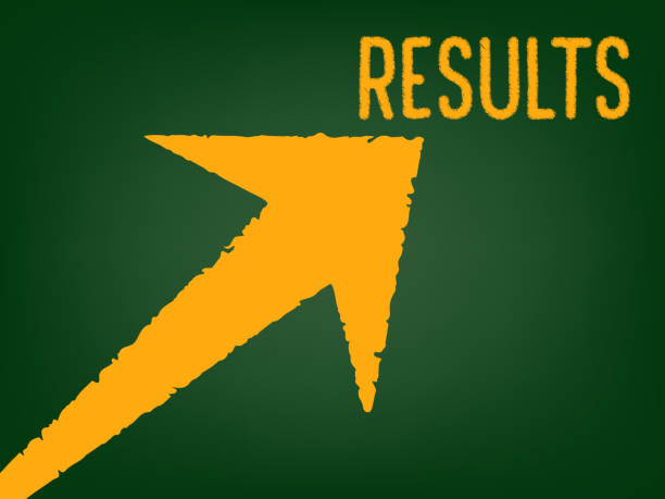 Results - Arrow with a text on chalk board - concept of outcome and summary stock photo