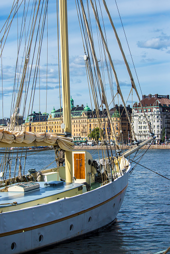 Stockholm, Sweden, 8/6/2018, Boats in the central zone of the city. Old sailboats on the line.
