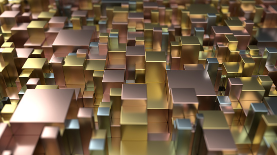 Pattern from metal cubes of different sizes. Abstract geometrical 3d background. 3D render illustration