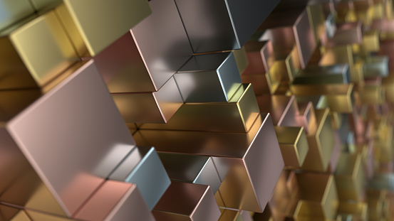 Pattern from metal cubes of different sizes. Abstract geometrical 3d background. 3D render illustration